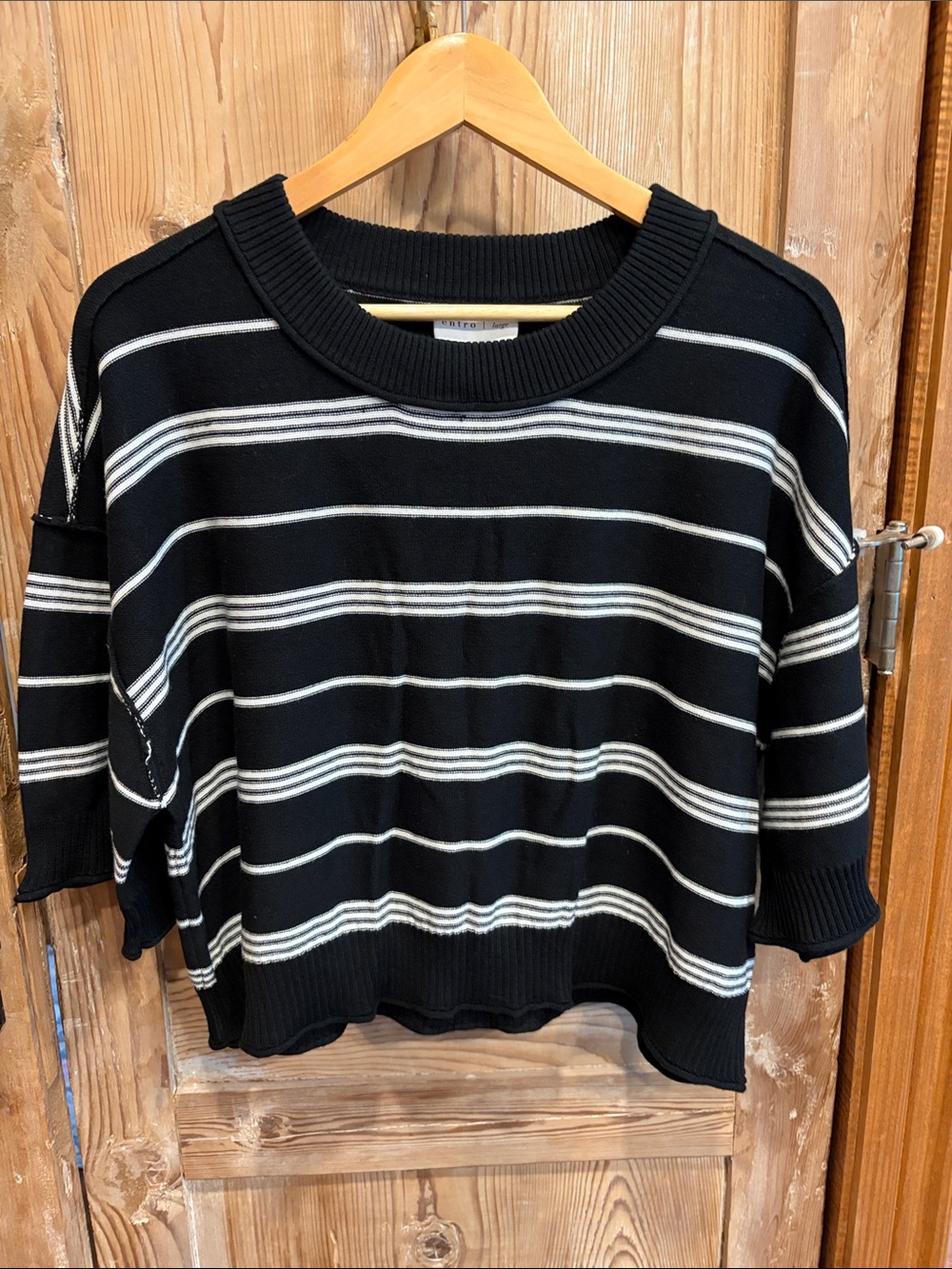 entro Black and White Striped Crew Neck Sweater